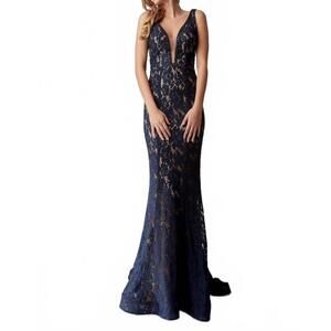 NEW JASZ COUTURE beaded lace deep v-neck sheath dress in navy nude